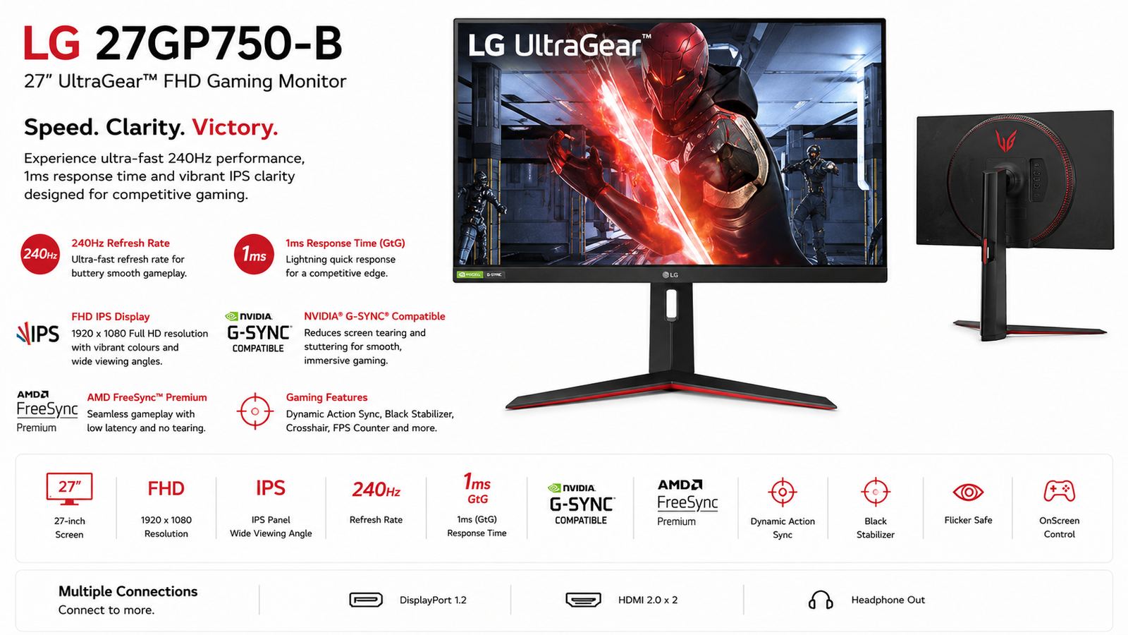 LG 27GP750-B 27” Ultragear FHD (1920 x 1080) IPS Gaming Monitor, 1ms Response Time & 240Hz Refresh Rate, NVIDIA G-SYNC Compatible with AMD FreeSync Premium, Black |  27GP750-B